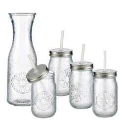 5tlg Set Vivalto Lima Karaffe + 4x Glas Mit Deckel Und Strohhalm
