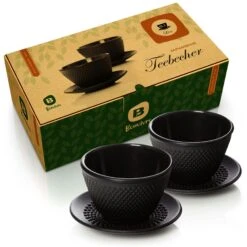 Bonvivre© Teetassen + Untersetzer Aus Emailliertem Gusseisen - 2er Set | Asiatische Teebecher Mit Untertassen - Füllmenge Je 100 Ml